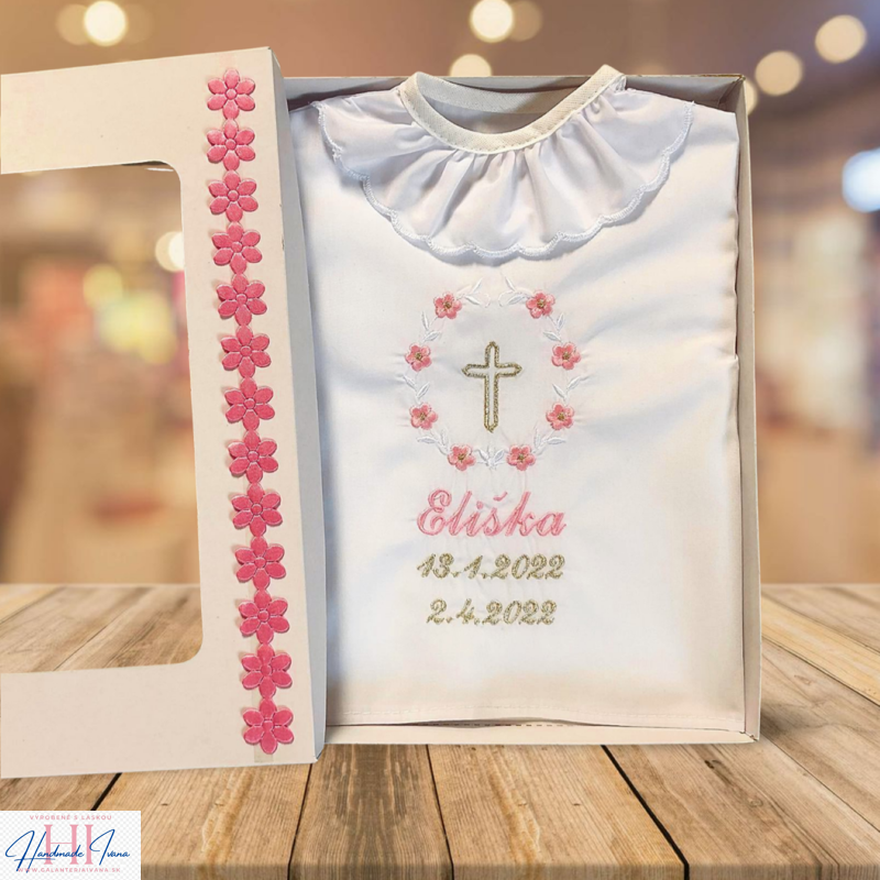 Košieľka na krst ružové kvietky so striebornou
