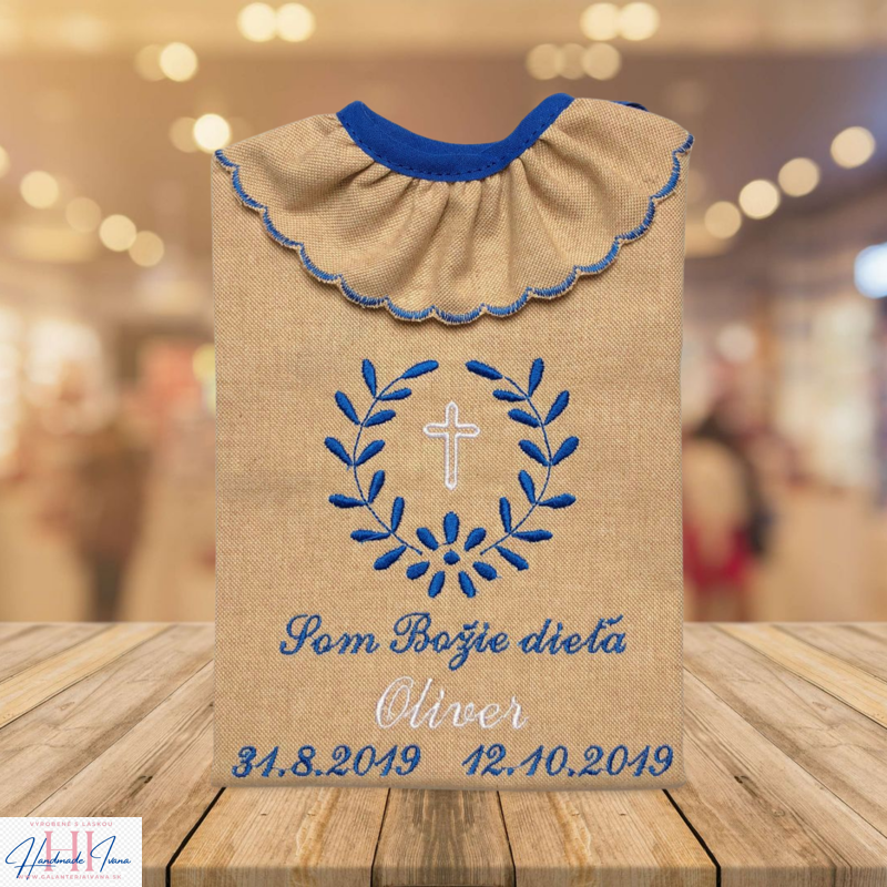 K10 - košieľka na krst ľan modro-biela