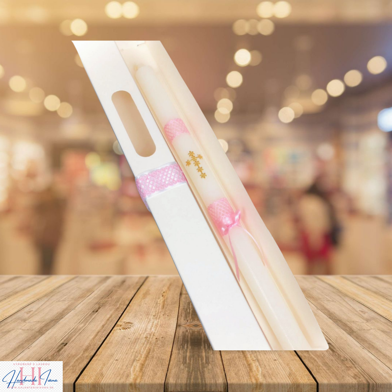 Sviečka zlatý krížik s ružovou zdobená krabička