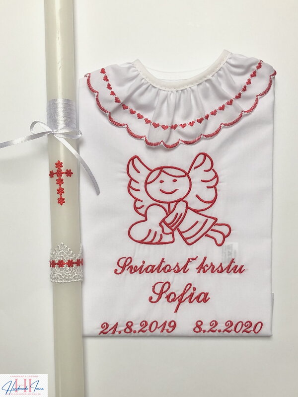 Košieľka na krst k11 červená a sviečka na krst červený krížik