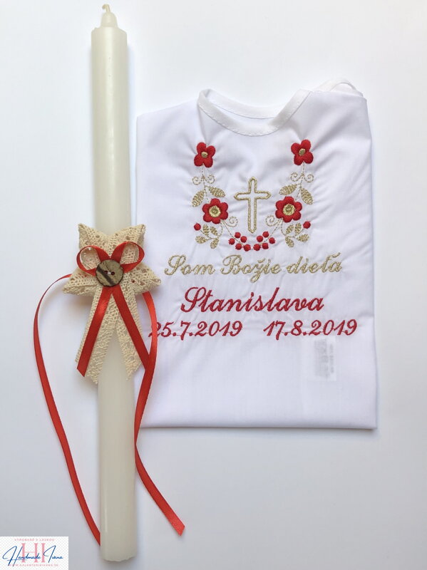 Košieľka na krst k14 červeno-zlatá výšivka s krížikom + Sviečka Handmade Ivana 05