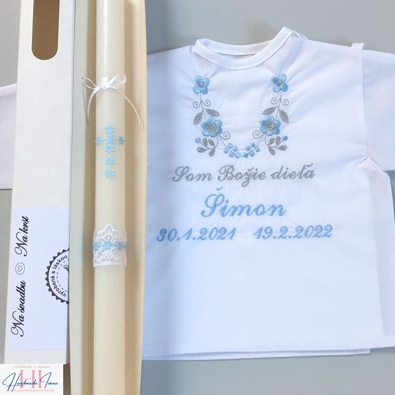 K14 - košieľka na krst modrá so šedou a sviečka na krst modrý krížik