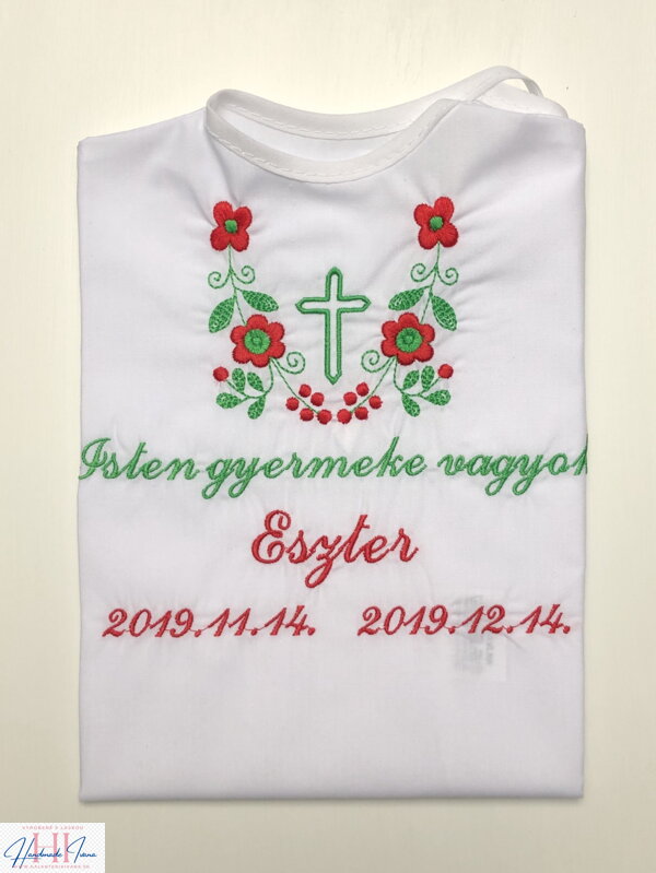 K14 - košieľka na krst zeleno-červená výšivka s krížikom