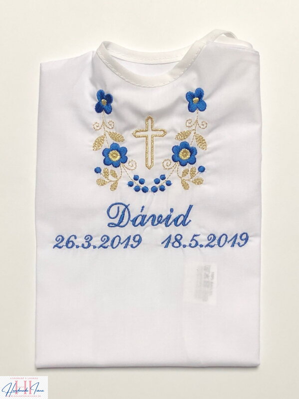 K14 - košieľka na krst modro-zlatá výšivka