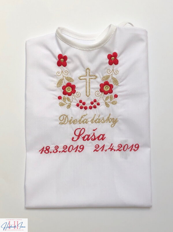 K14 - košieľka na krst červeno-zlatá výšivka s krížikom