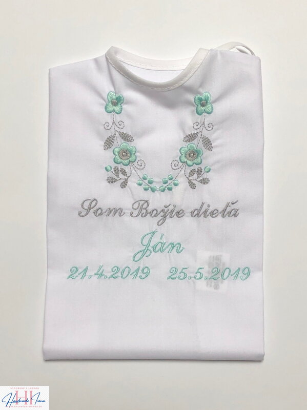 K14 - košieľka na krst mentolovo-šedá výšivka