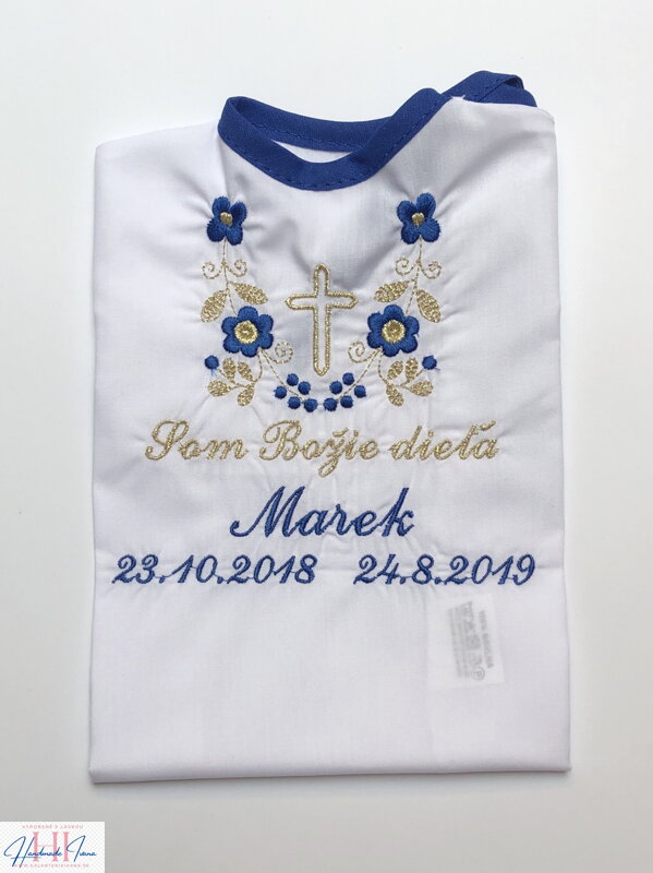 K14 - košieľka na krst modro-zlatá výšivka s krížikom