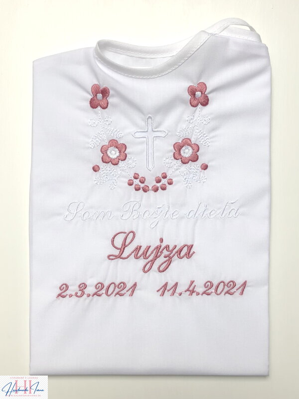 K14 košieľka na krst ružovo-biela výšivka s krížikom