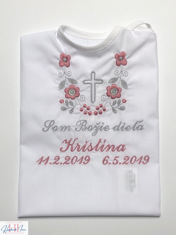 K14 - košieľka na krst ružovo-šedá výšivka s krížikom