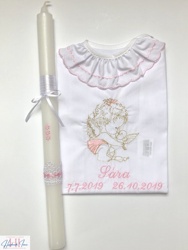 K34 - košieľka na krst ružovo-zlatá + Sviečka na krst ružové kvietky