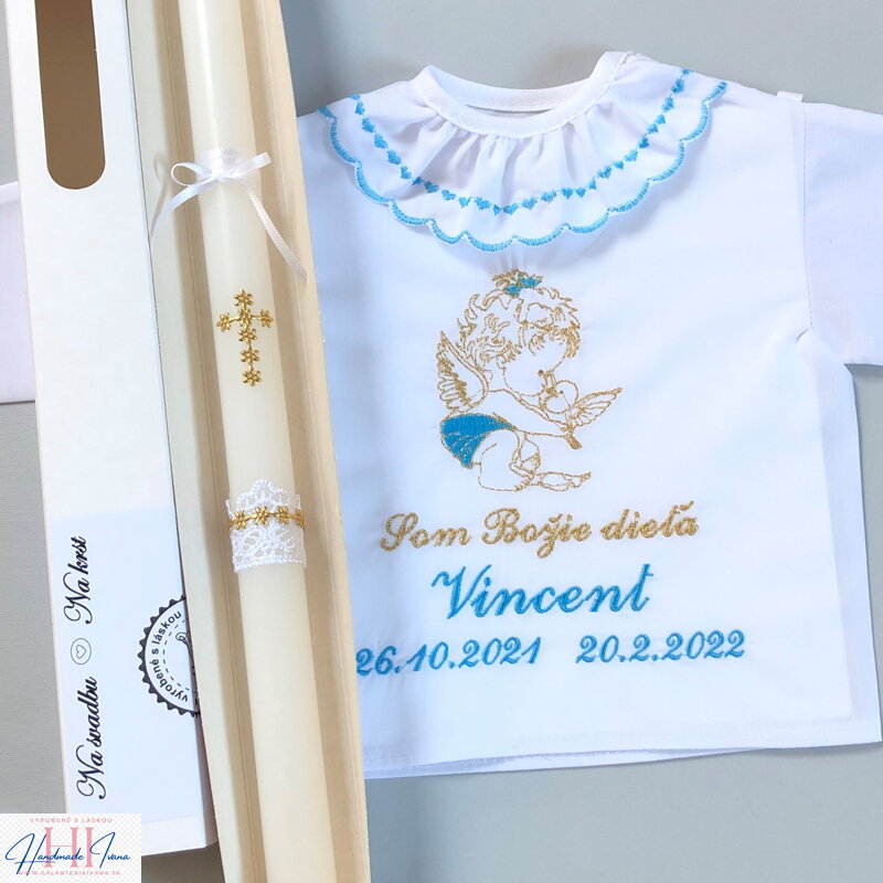 K34 - Košieľka na krst iná modrá so zlatou + Sviečka na krst zlatý krížik