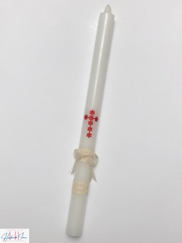 Sviečka na krst červený krížik a čipka