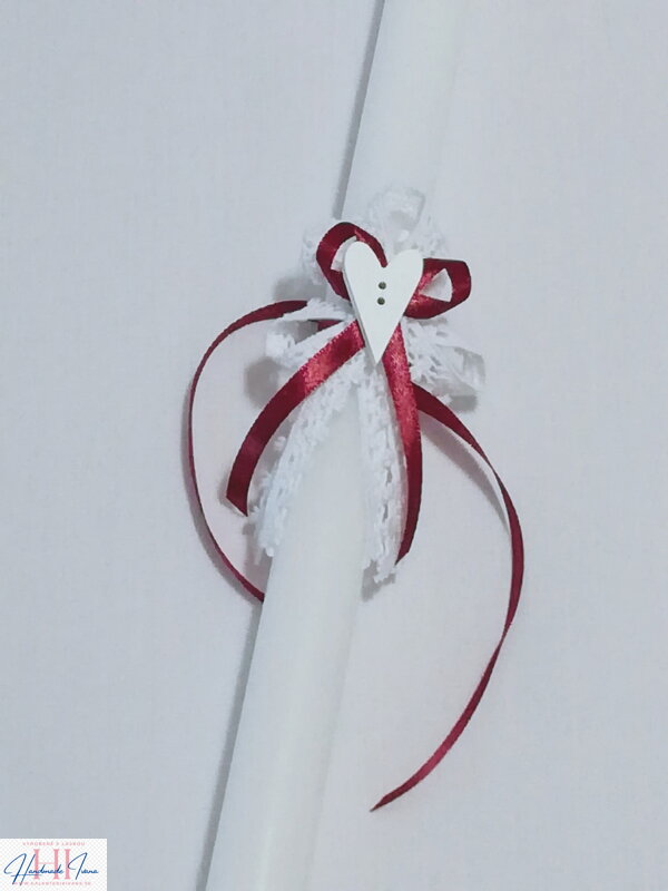 Sviečka Handmade Ivana biela čipka-biele srdiečko-bordová mašlička