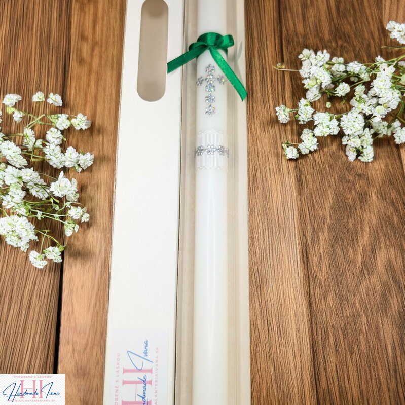 Sviečka na krst strieborný krížik so zelenou s chránitkom