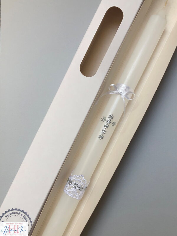 Sviečka na krst strieborný krížik s bielou stuhou