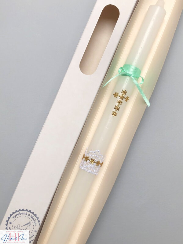 Sviečka na krst zlatý krížik s mentolovou stuhou