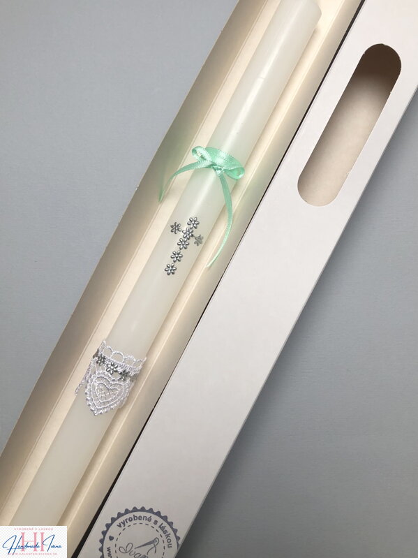 Sviečka na krst strieborný krížik a mentolová stuha