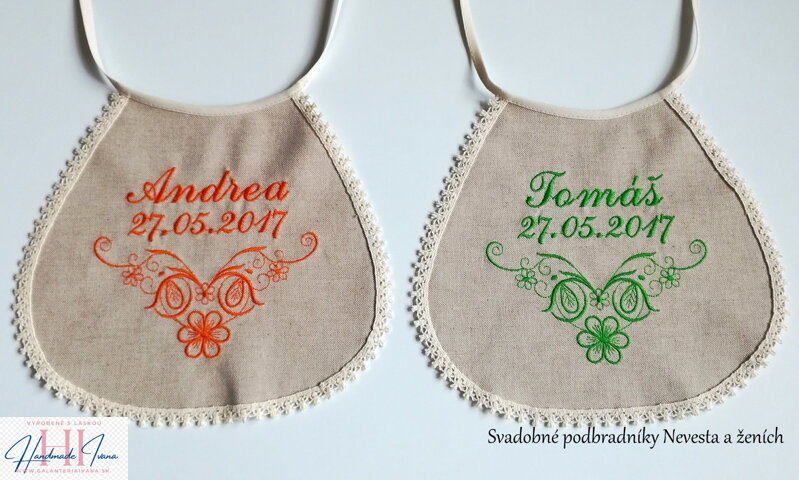 Svadobné podbradníky Nevesta a ženích s menami, farba podľa želania