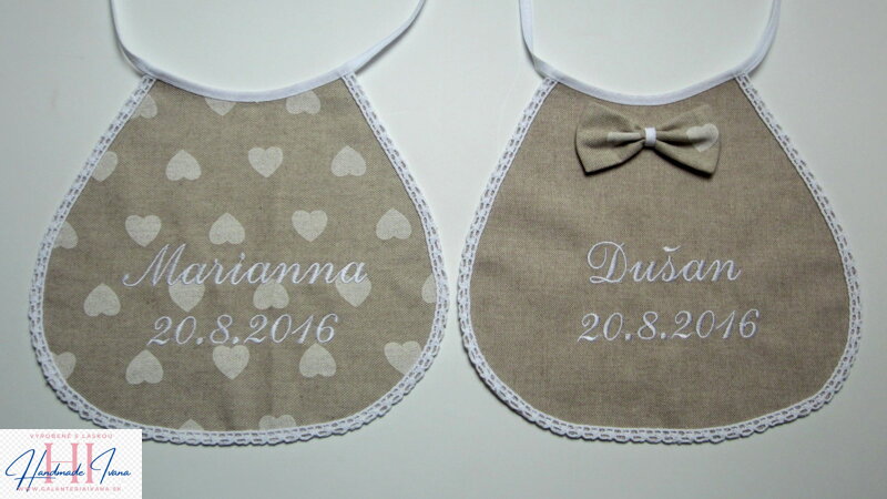 Svadobné podbradníky Ona a on ražné Srdiečka biele veľké s výšivkou