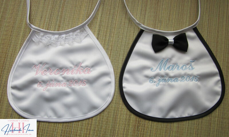 Svadobné podbradníky Ona a on s výšivkou bielo-čierne