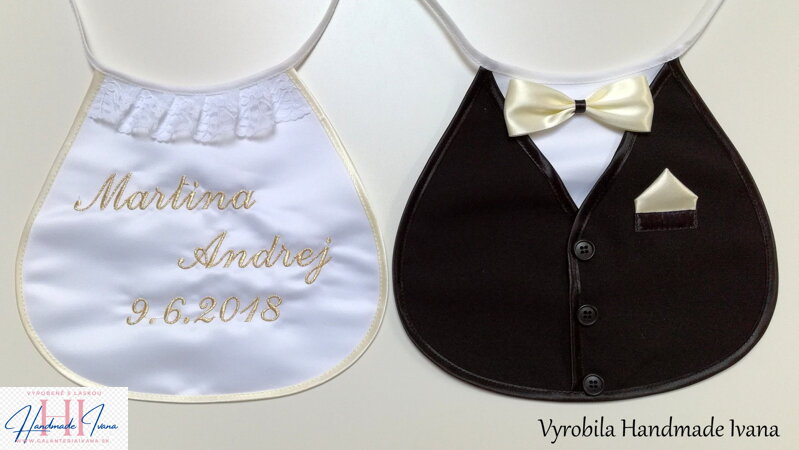 Svadobné podbradníky Sme svoji šampaň so zlatou výšivkou