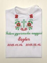 K14 - košieľka na krst zeleno-červená výšivka s krížikom - maďarský nápis