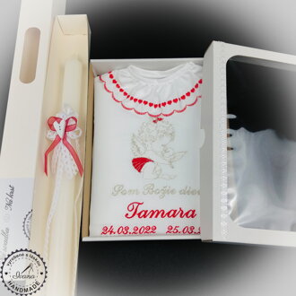 K34 - košieľka na krst červená strieborná + Sviečka na krst s čipkou a srdiečkom