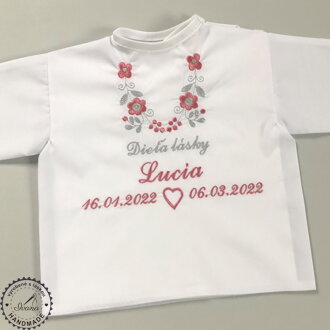 K14 - košieľka na krst ružovo-šedá výšivka a srdiečko