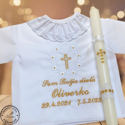 Košieľka na krst k01 bielo-zlatá + sviečka na krst so zlatým krížikom