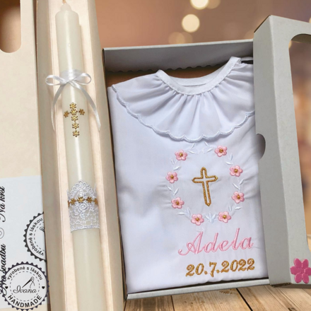 Košieľka na krst k01 ružová so zlatou a sviečka na krst zlatý krížik