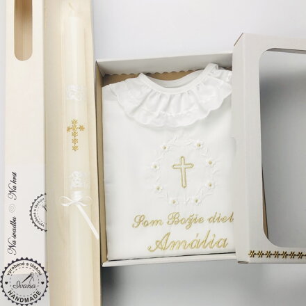k01 - košieľka na krst biela zlatá + Sviečka na krst zlatý krížik s bielou