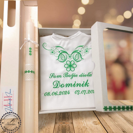 Košieľka na krst k07 zelená a sviečka na krst zelené kvietky