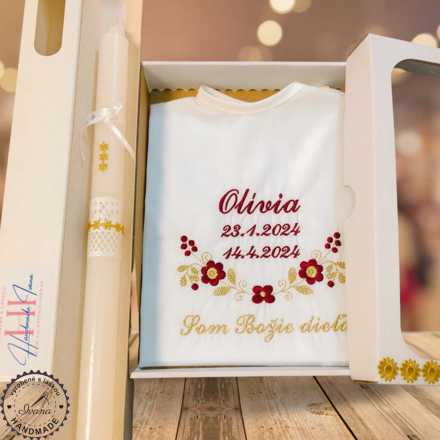 Košieľka na krst k09 bordová so zlatou - sviečka na krst zlaté kvietky