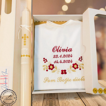 Košieľka na krst k09 bordová so zlatou - sviečka na krst zlatý krížik