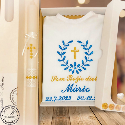 Košieľka na krst k10 tmavá modrá zlatá + Sviečka na krst zlatý krížik s bielou