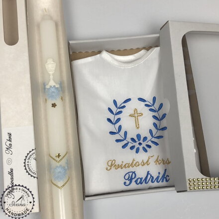 K10 - košieľka na krst modrá tmavá + Sviečka na krst S13 modrá
