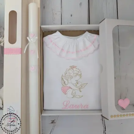 Sada na krst ružovo zlatý anjelik a ružové srdiečka 