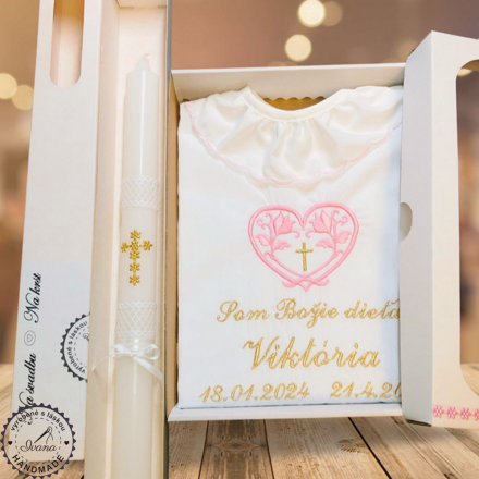 Košieľka na krst k42 ružová zlatá + Sviečka na krst zlatý krížik