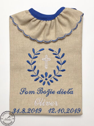K10 - košieľka na krst ľan modro-biela