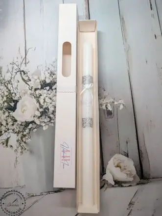 Sviečka biely krížik, strieborný s chránitkom