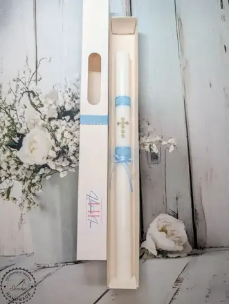 Sviečka zlatý krížik s modrou s chránitkom