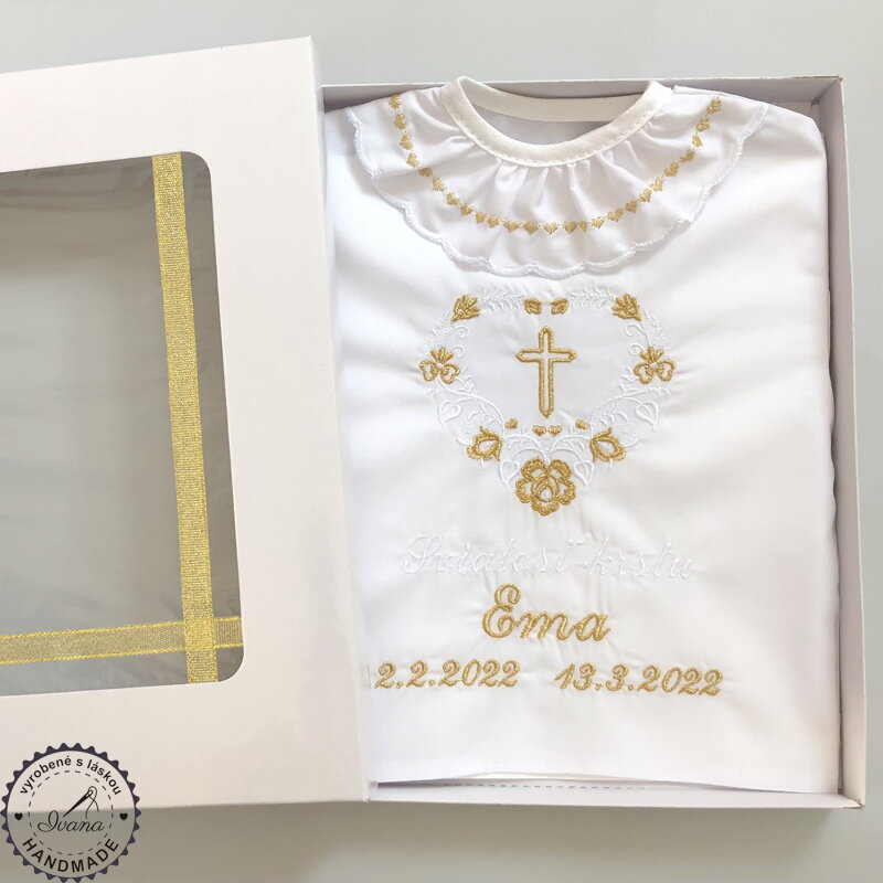 K05 - košieľka na krst biela so zlatou v darčekovom balení