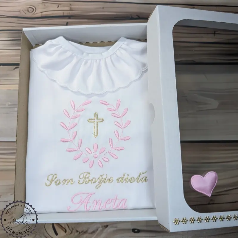 Košieľka na krst ružová zlatá s krížikom 