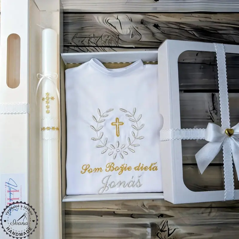 Sada na krst strieborná zlatá s bielou stuhou  Sada na krst strieborná zlatá s bielou stuhou