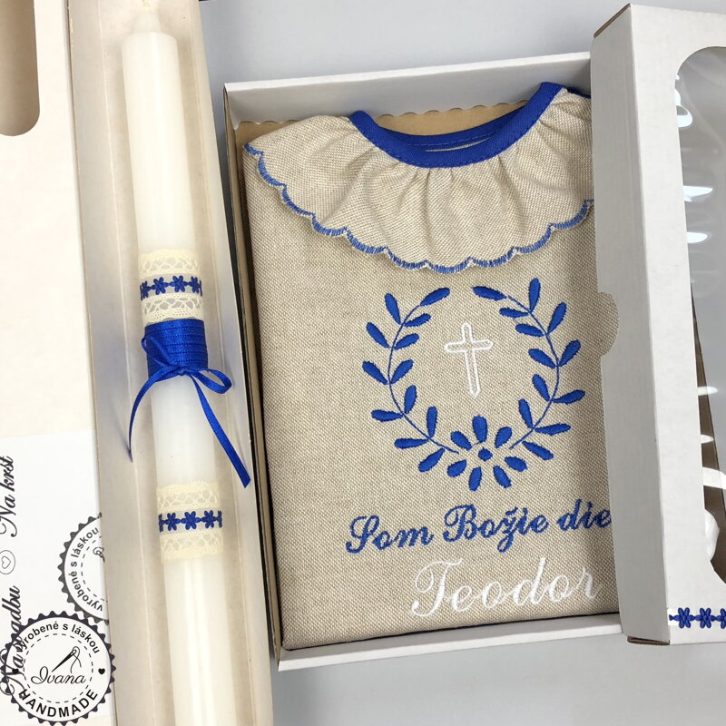K10 - košieľka na krst ľanová modrá + Sviečka na krst modré kvietky s modrou