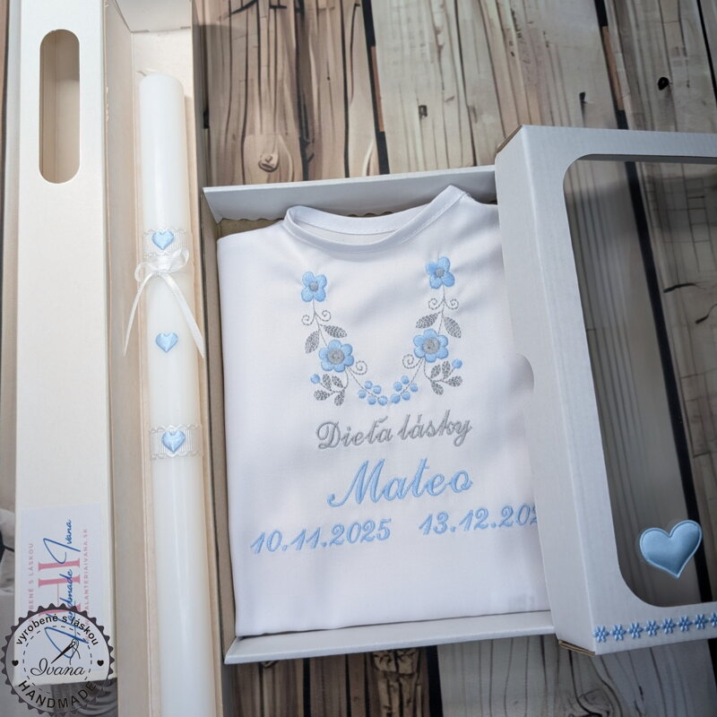 Košieľka na krst k14 modrá šedá + Sviečka na krst so srdiečkami