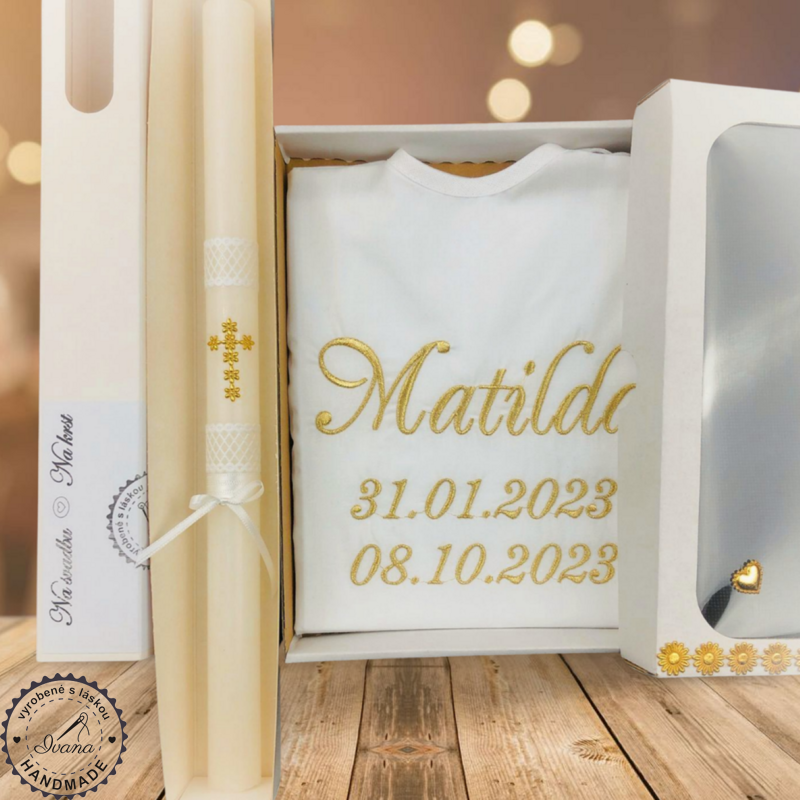 Košieľka na krst k18 zlatá + sviečka na krst zlatý krížik Košieľka na krst k18 zlatá + sviečka na krst zlatý krížik
