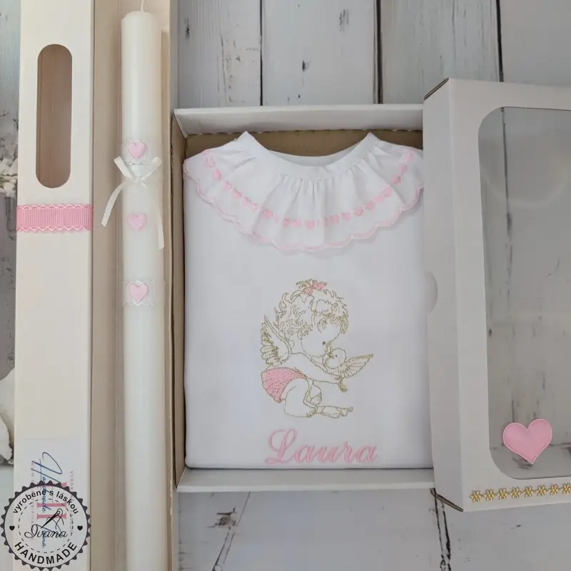 Sada na krst ružovo zlatý anjelik a ružové srdiečka 